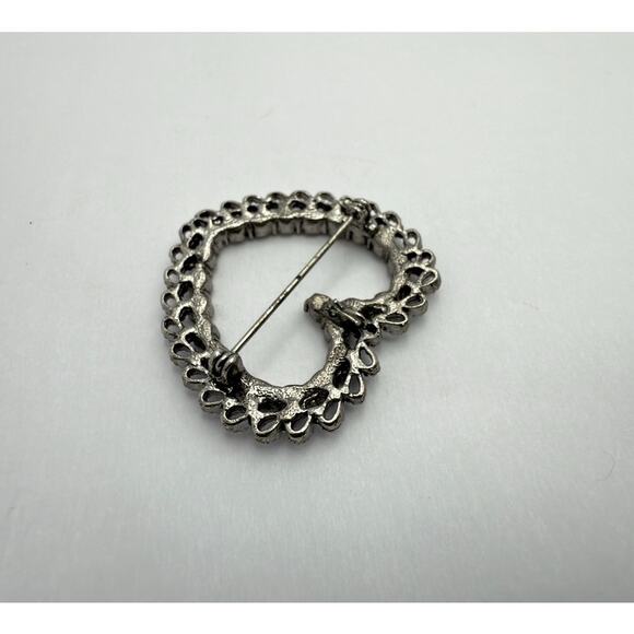 Vintage 1970s Victorian Revival Heart Brooch Pin Pewter Tone Rhinestone Jewelry - Picture 5 of 8
